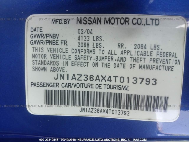 JN1AZ36AX4T013793 - 2004 NISSAN 350Z ROADSTER BLUE photo 9