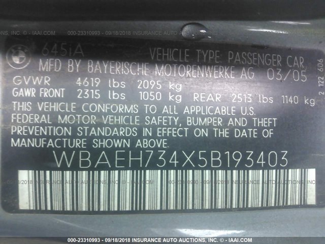 WBAEH734X5B193403 - 2005 BMW 645 CI AUTOMATIC 灰色 照片 9