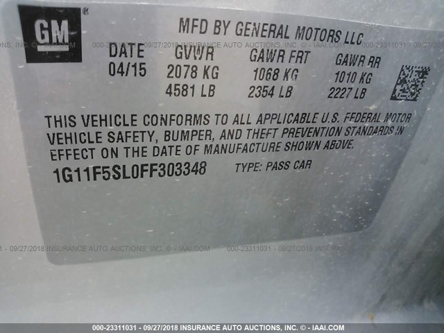 1G11F5SL0FF303348 - 2015 CHEVROLET MALIBU LTZ 银色 照片 9