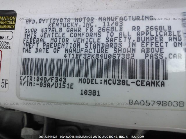 4T1BF32K84U067382 - 2004 TOYOTA CAMRY LE/XLE/SE Ақ фото 9