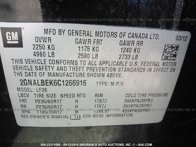 2GNALBEK6C1266916 - 2012 CHEVROLET EQUINOX LS BLACK photo 9