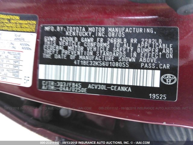 4T1BE32K56U108055 - 2006 TOYOTA CAMRY LE/XLE/SE Қызыл фото 9