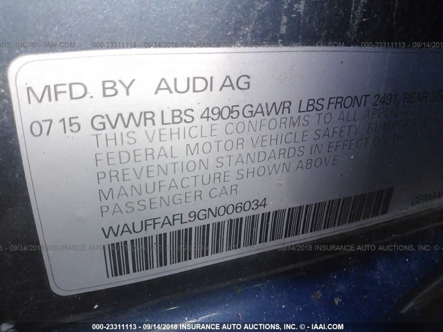 WAUFFAFL9GN006034 - 2016 AUDI A4 PREMIUM PLUS/S-LINE BLUE photo 9