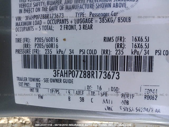 3FAHP07Z88R173673 - 2008 FORD FUSION SE GREEN photo 9