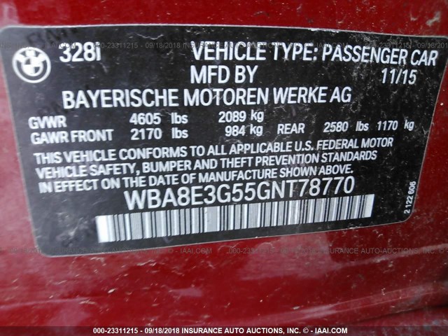 WBA8E3G55GNT78770 - 2016 BMW 328 XI SULEV RED photo 9