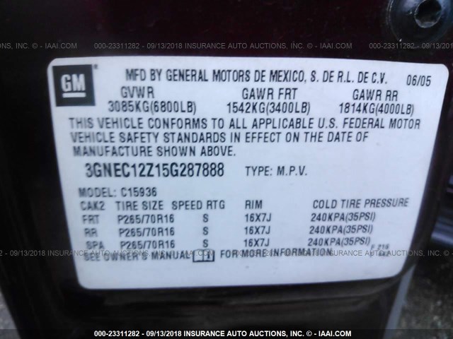 3GNEC12Z15G287888 - 2005 CHEVROLET AVALANCHE C1500 RED photo 9