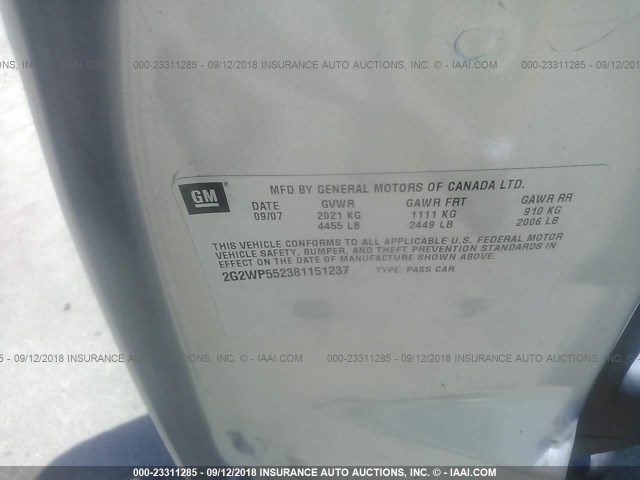 2G2WP552381151237 - 2008 PONTIAC GRAND PRIX SILVER photo 9