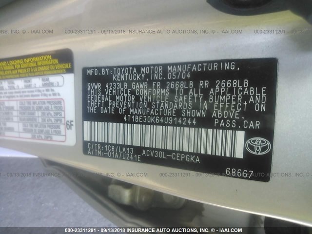 4T1BE30K64U914244 - 2004 TOYOTA CAMRY LE/XLE/SE 银色 照片 9