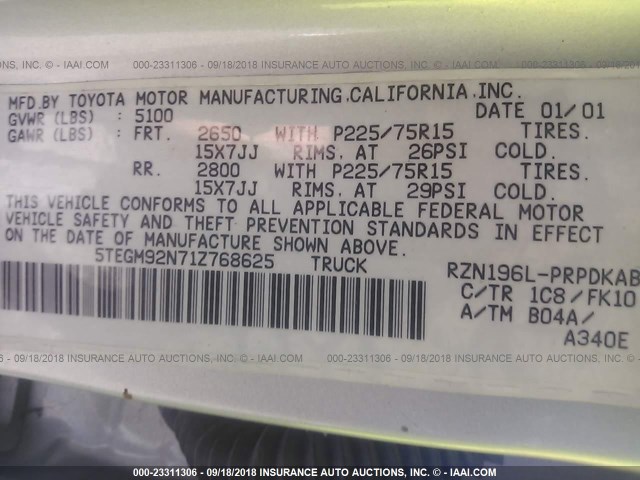 5TEGM92N71Z768625 - 2001 TOYOTA TACOMA DOUBLE CAB PRERUNNER SILVER photo 9