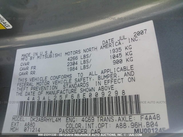 4A3AL25F68E009298 - 2008 MITSUBISHI ECLIPSE SPYDER GS 灰色 照片 9