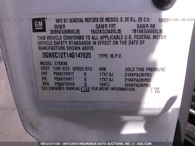 3GNEC12T14G147625 - 2004 CHEVROLET AVALANCHE C1500 WHITE photo 9