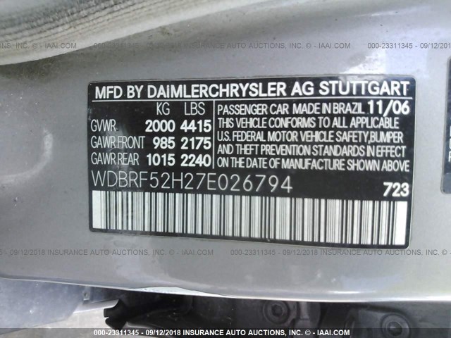 WDBRF52H27E026794 - 2007 MERCEDES-BENZ C 230 GRAY photo 9