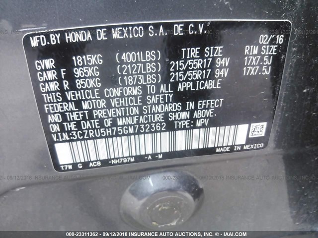 3CZRU5H75GM732362 - 2016 HONDA HR-V EXL GRAY photo 9