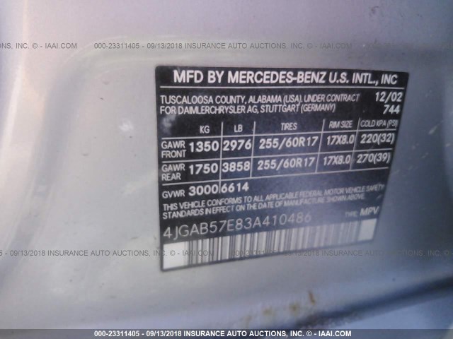 4JGAB57E83A410486 - 2003 MERCEDES-BENZ ML 350 SILVER photo 9