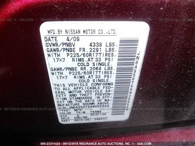 JN8AS58T59W055584 - 2009 NISSAN ROGUE S/SL RED photo 9