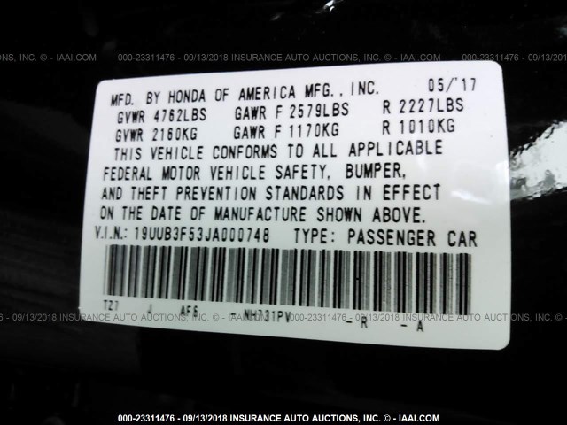 19UUB3F53JA000748 - 2018 ACURA TLX TECH BLACK photo 9