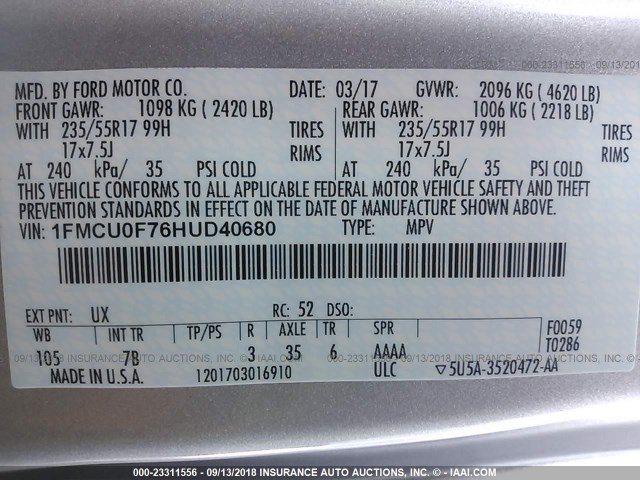 1FMCU0F76HUD40680 - 2017 FORD ESCAPE S SILVER photo 9