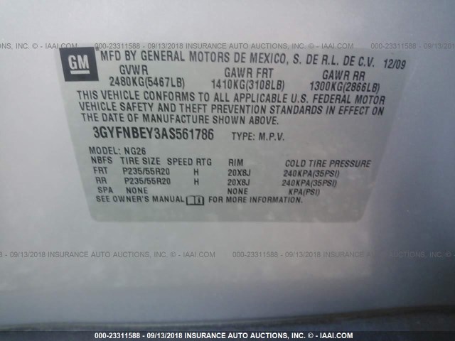 3GYFNBEY3AS561786 - 2010 CADILLAC SRX PERFORMANCE COLLECTION Күміс фото 9