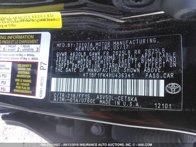 4T1BF1FK4HU436341 - 2017 TOYOTA CAMRY LE/XLE/SE/XSE BLACK photo 9