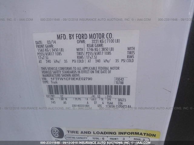 1FTFW1CF0EKE02790 - 2014 FORD F150 SUPERCREW WHITE photo 9