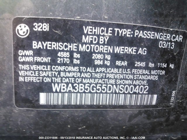 WBA3B5G55DNS00402 - 2013 BMW 328 XI SULEV GRAY photo 9