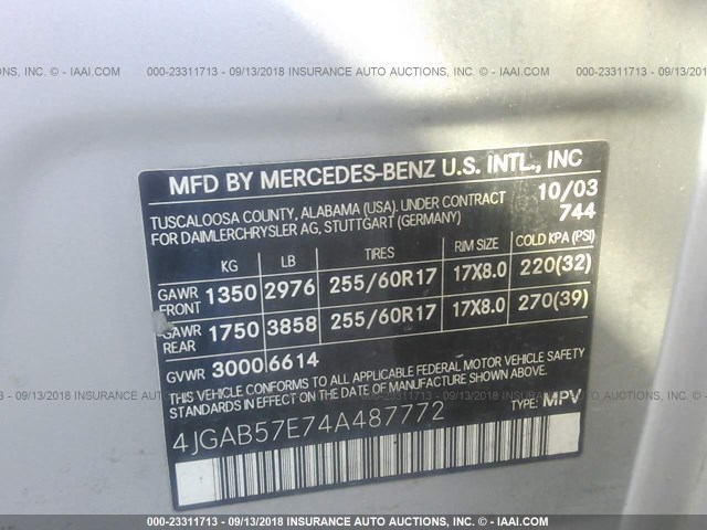 4JGAB57E74A487772 - 2004 MERCEDES-BENZ ML 350 SILVER photo 9