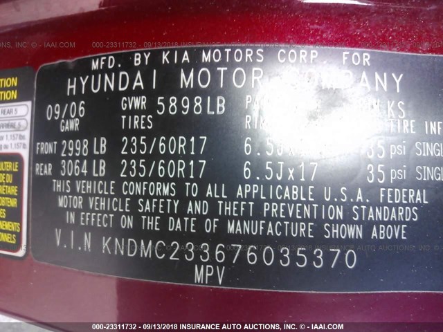 KNDMC233676035370 - 2007 HYUNDAI ENTOURAGE GLS/SE/LIMITED RED photo 9