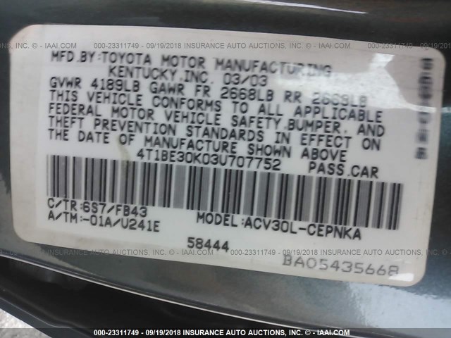 4T1BE30K03U707752 - 2003 TOYOTA CAMRY LE/XLE/SE Жасыл фото 9