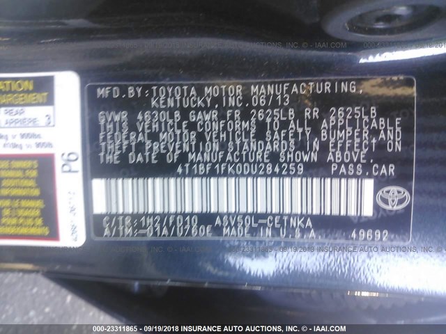 4T1BF1FK0DU284259 - 2013 TOYOTA CAMRY L/SE/LE/XLE Qara foto 9