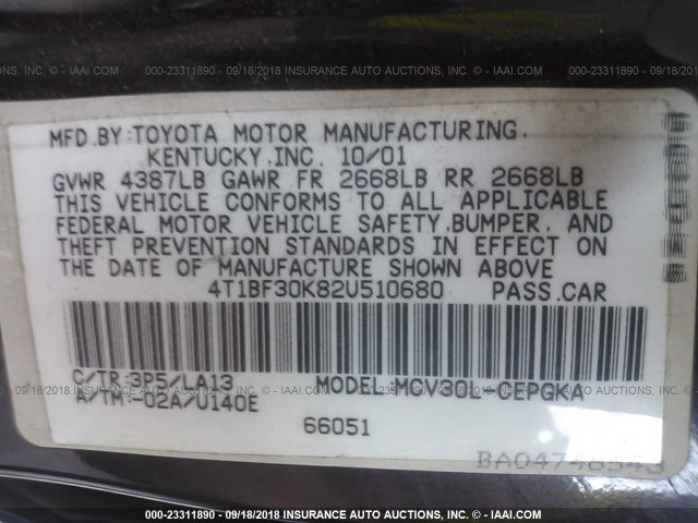 4T1BF30K82U510680 - 2002 TOYOTA CAMRY LE/XLE/SE Марун фото 9