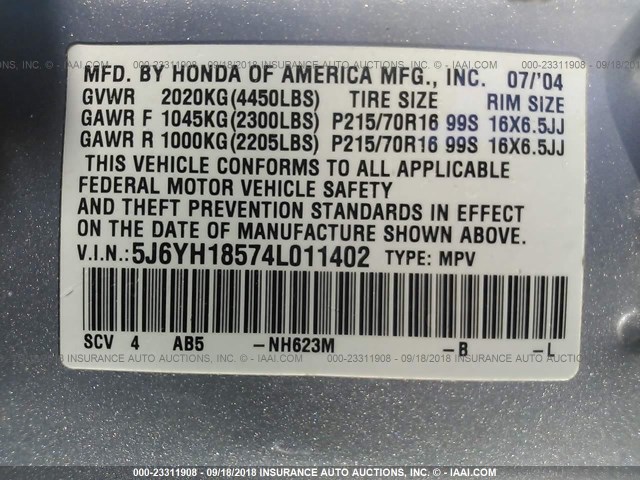5J6YH18574L011402 - 2004 HONDA ELEMENT EX SILVER photo 9