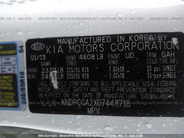 KNDPCCA2XD7448718 - 2013 KIA SPORTAGE EX WHITE photo 9