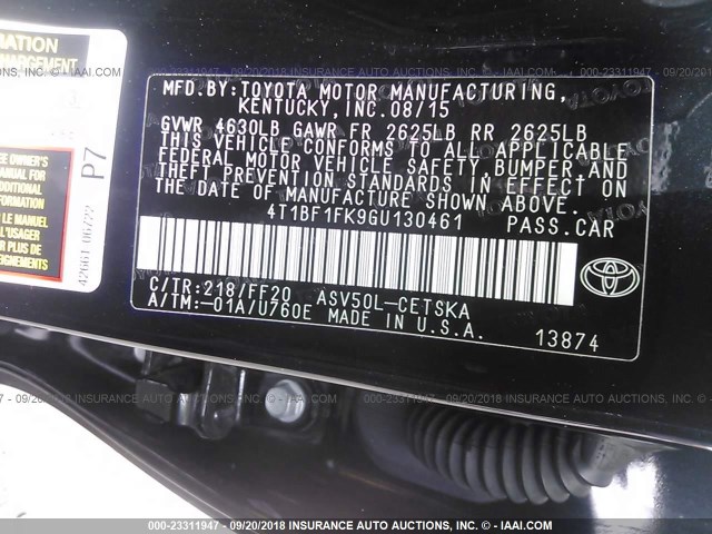 4T1BF1FK9GU130461 - 2016 TOYOTA CAMRY LE/XLE/SE/XSE 黑色 照片 9