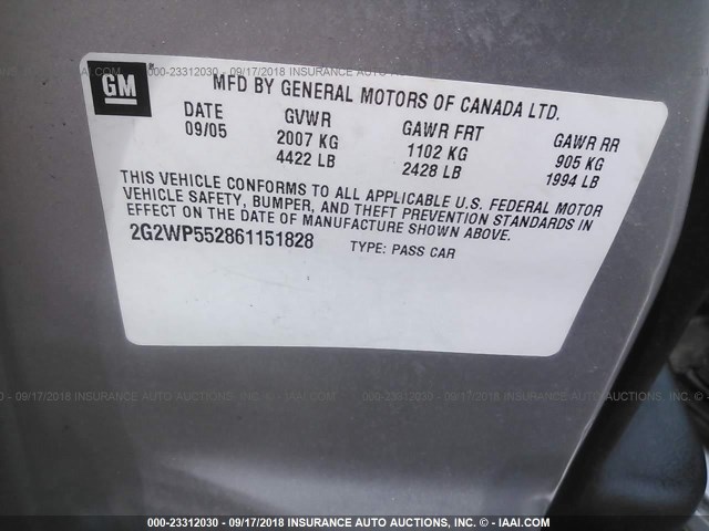 2G2WP552861151828 - 2006 PONTIAC GRAND PRIX Сріблястий фото 9