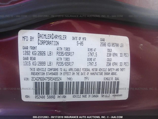 2C4GM68475R548524 - 2005 CHRYSLER PACIFICA TOURING RED photo 9