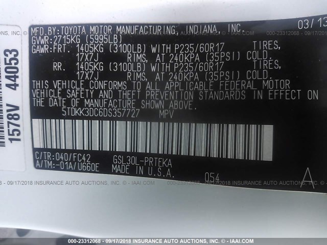 5TDKK3DC6DS357727 - 2013 TOYOTA SIENNA 白色 照片 9