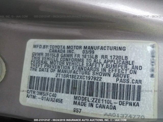 2T1BR18E2XC197922 - 1999 TOYOTA COROLLA VE/CE/LE 棕色 照片 9