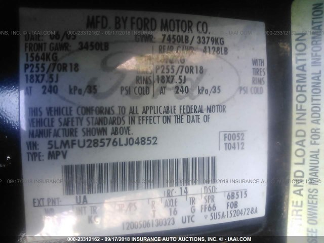 5LMFU28576LJ04852 - 2006 LINCOLN NAVIGATOR Noir photo 9