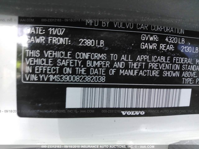 YV1MS390082382038 - 2008 VOLVO S40 2.4I WHITE photo 9