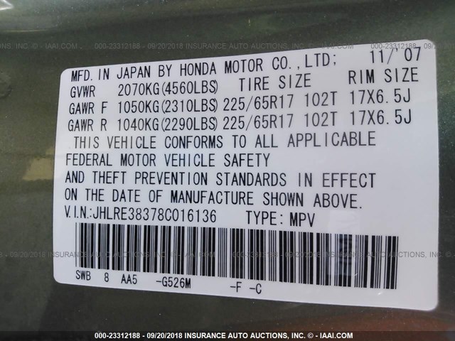 JHLRE38378C016136 - 2008 HONDA CR-V LX GREEN photo 9