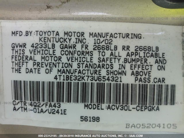 4T1BE32K73U654321 - 2003 TOYOTA CAMRY LE/XLE/SE Алтын фото 9