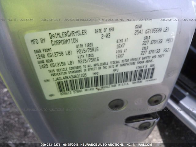 1J4GL48K43W631235 - 2003 JEEP LIBERTY SPORT/FREEDOM ვერცხლისფერი ფოტო 9