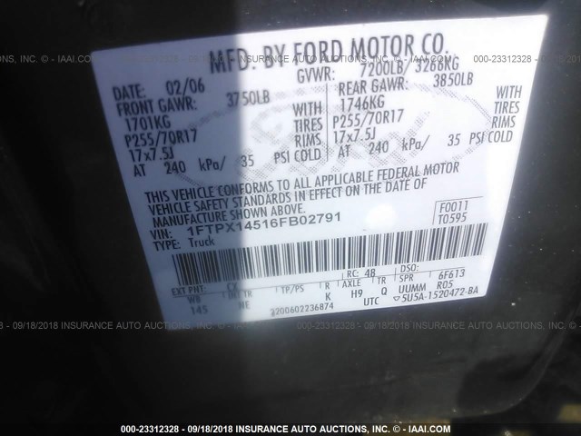 1FTPX14516FB02791 - 2006 FORD F150 GRAY photo 9