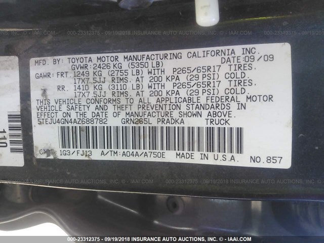 5TEJU4GN4AZ688782 - 2010 TOYOTA TACOMA DOUBLE CAB PRERUNNER GRAY photo 9