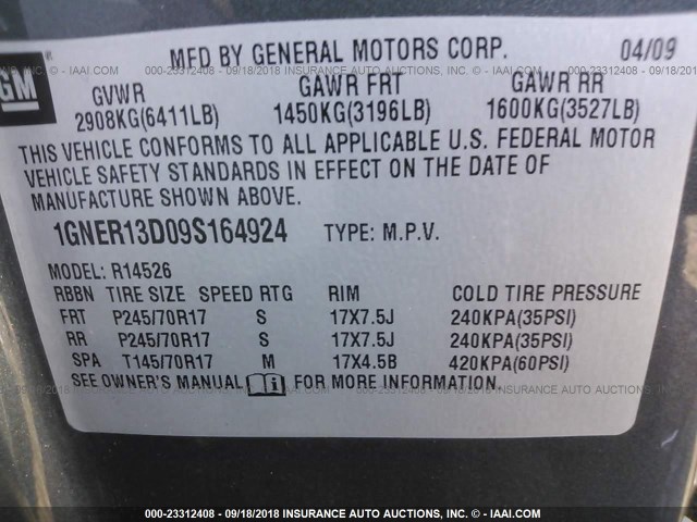 1GNER13D09S164924 - 2009 CHEVROLET TRAVERSE LS GRAY photo 9