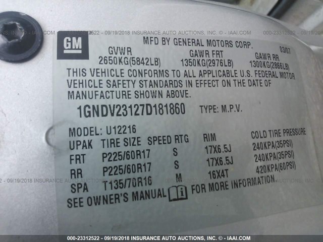 1GNDV23127D181860 - 2007 CHEVROLET UPLANDER LS SILVER photo 9