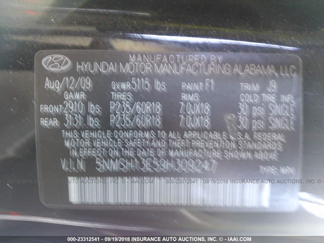 5NMSH13E59H309247 - 2009 HYUNDAI SANTA FE SE/LIMITED BLACK photo 9