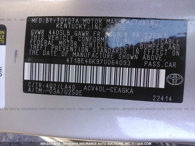 4T1BE46K97U064093 - 2007 TOYOTA CAMRY NEW GENERAT CE/LE/XLE/SE GOLD photo 9