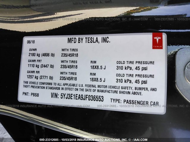 5YJ3E1EA9JF036553 - 2018 TESLA MODEL 3 შავი ფოტო 9