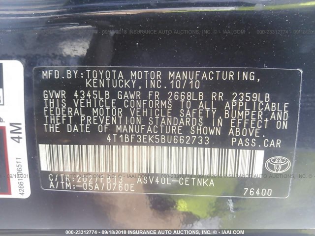 4T1BF3EK5BU662733 - 2011 TOYOTA CAMRY SE/LE/XLE BLACK photo 9